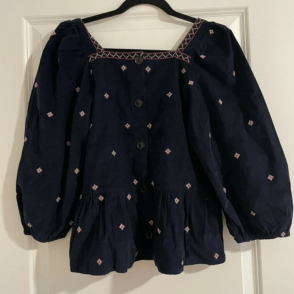 Madewell Embroidered Navy Blue Corduroy Button-Back Peplum Blouse - Size XS